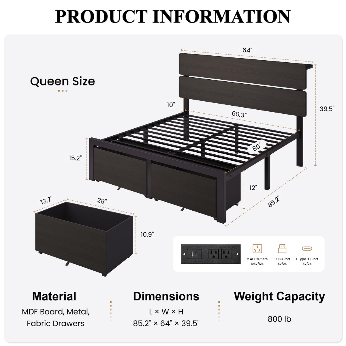Queen Led Bed Frame with 2 Storage Drawers and Charging Station, Black V899