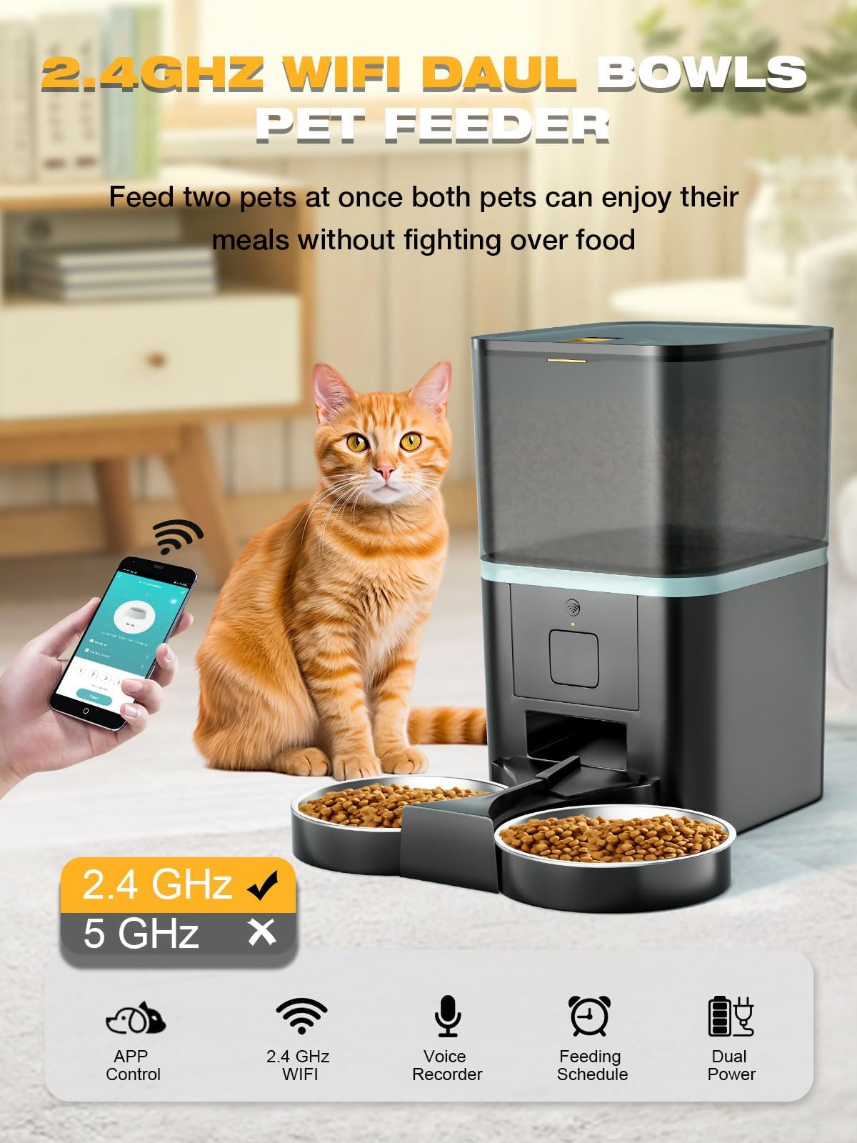 Automatic WiFi App Control Cat Feeder with Stainless Steel Bowl T338793