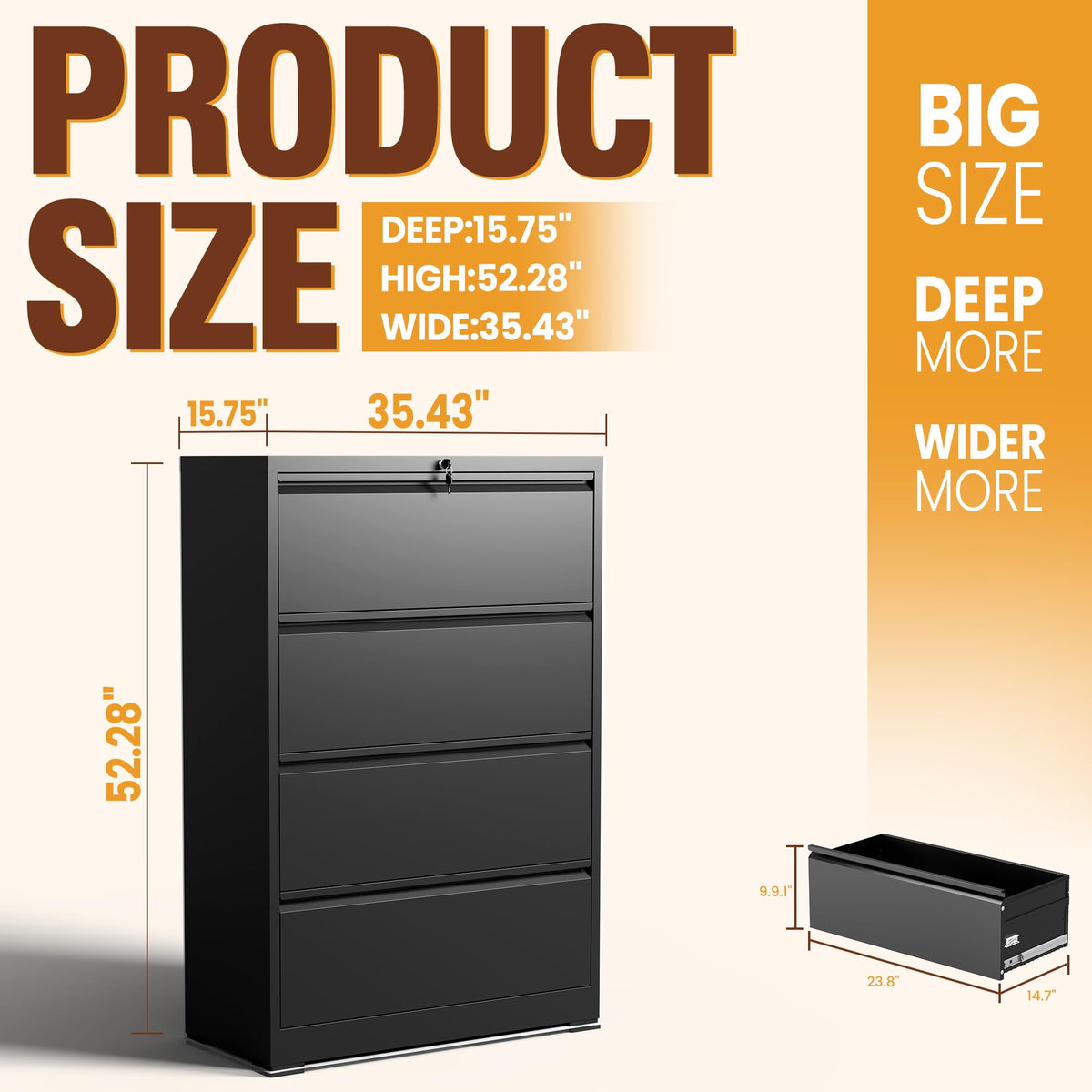Black 4 Drawer Metal Lateral File Cabinet with Lock A897