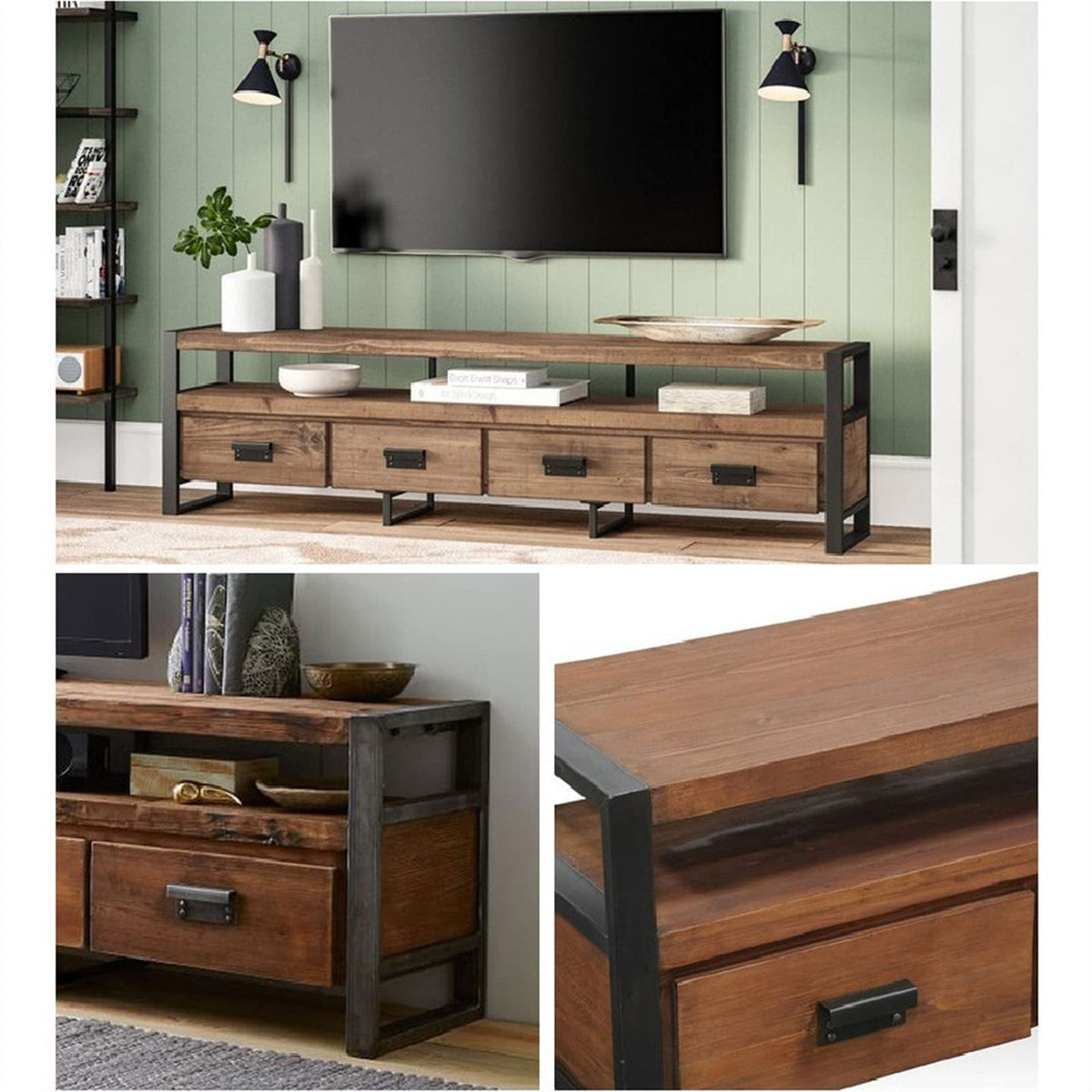 Vintage Pine TV Stand Cabinet with 4 Drawers I84533