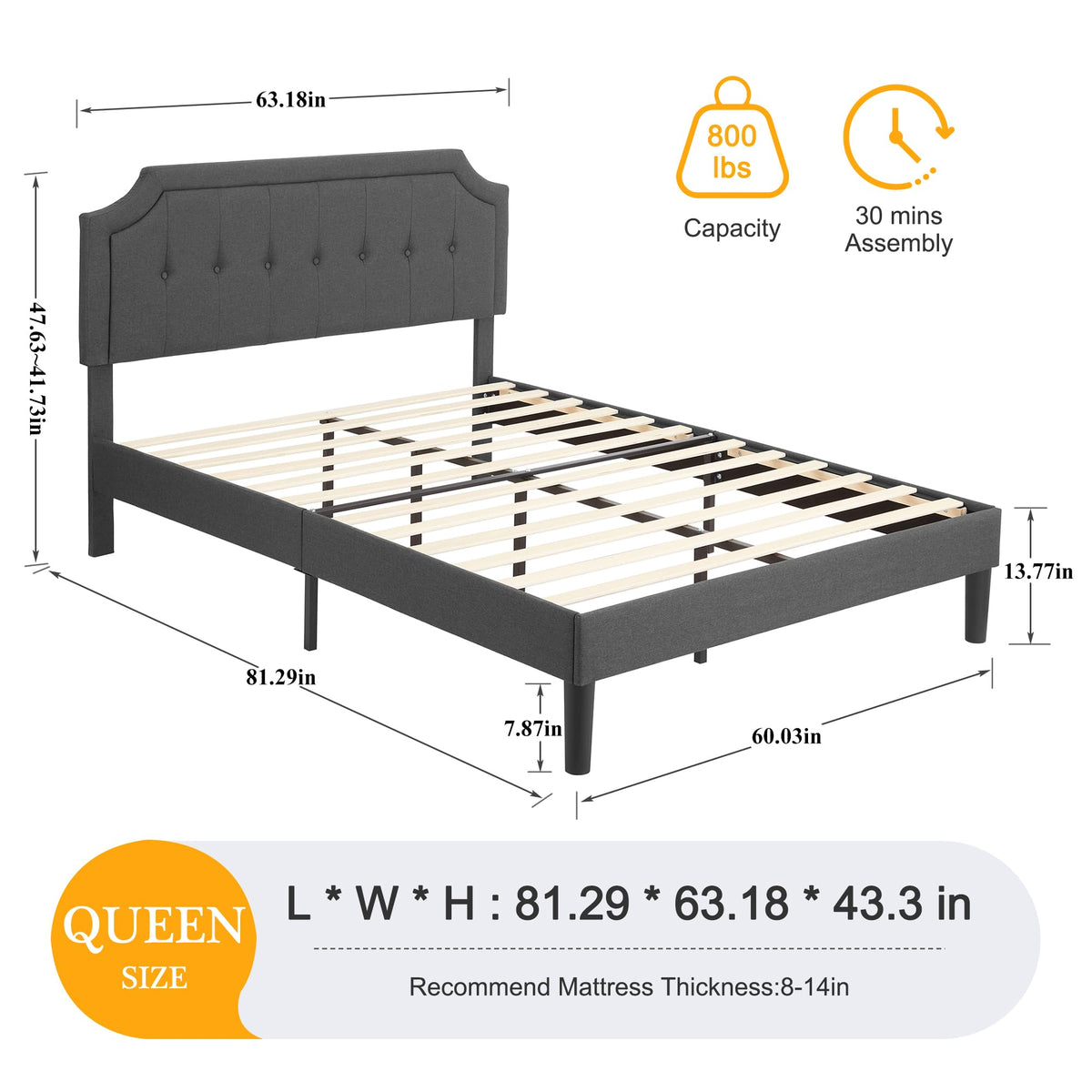 Queen Size Fabric Upholstered Platform Bed Frame with Wooden Slats I504570