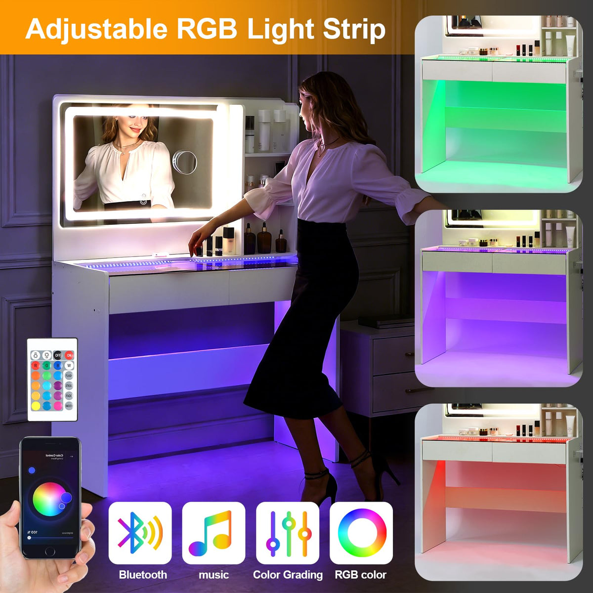 White Makeup Vanity Desk with LED Mirror Q49861