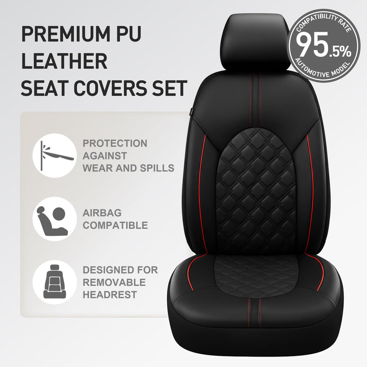 PU Leather Car Seat Covers Full Set Waterproof Split Bench Black Red X8304