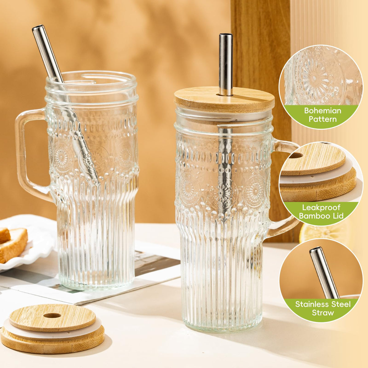 24 oz Glass Tumbler with Bamboo Lid and Handle Z99048