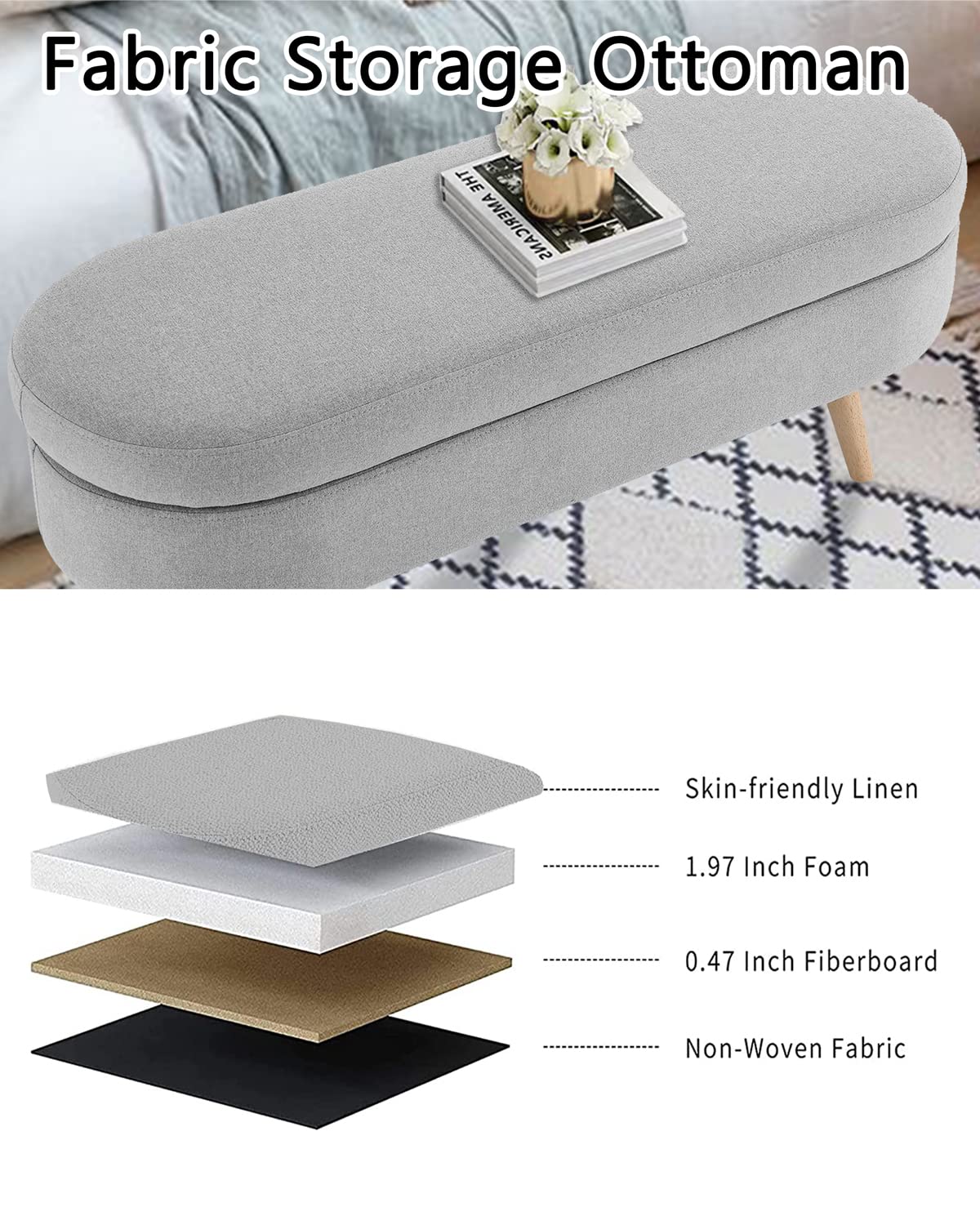 Oval Linen Fabric Upholstered Storage Bench with Solid Wood Legs Q492