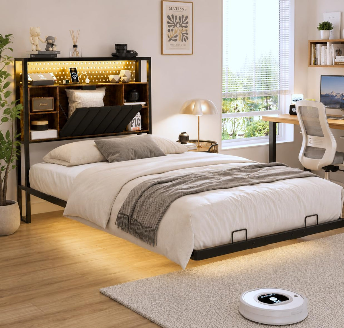 Black Twin Metal Floating Bed Frame with Charging Station and LED Lights N550