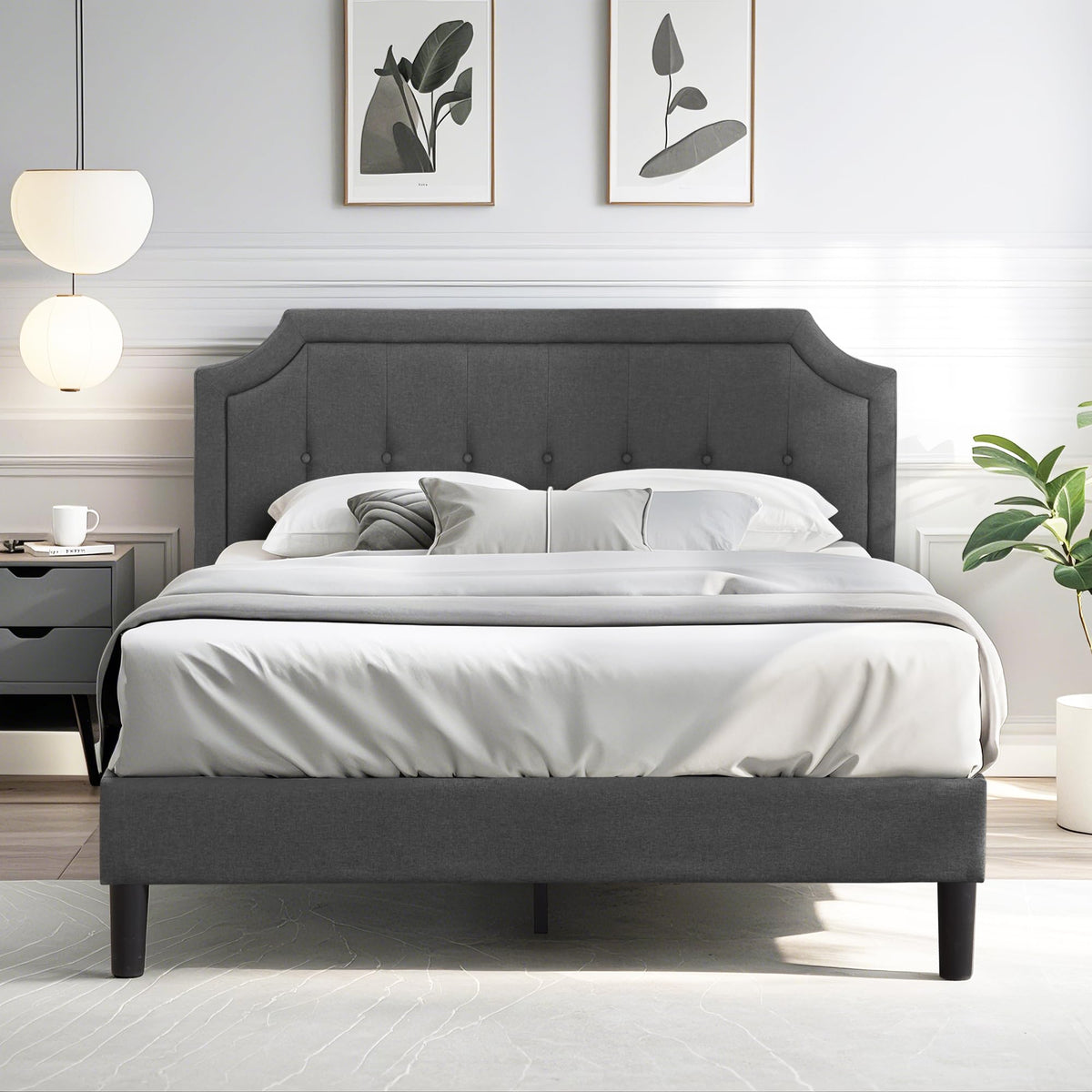 Queen Size Fabric Upholstered Platform Bed Frame with Wooden Slats I504570