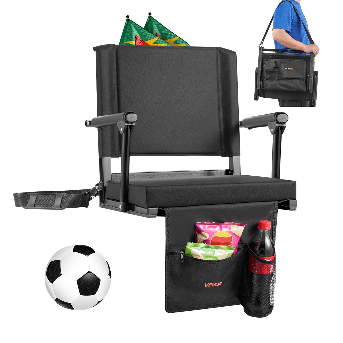 Portable Bleacher Seat with Armrest, Back Support and Cup Holder, Black I4064