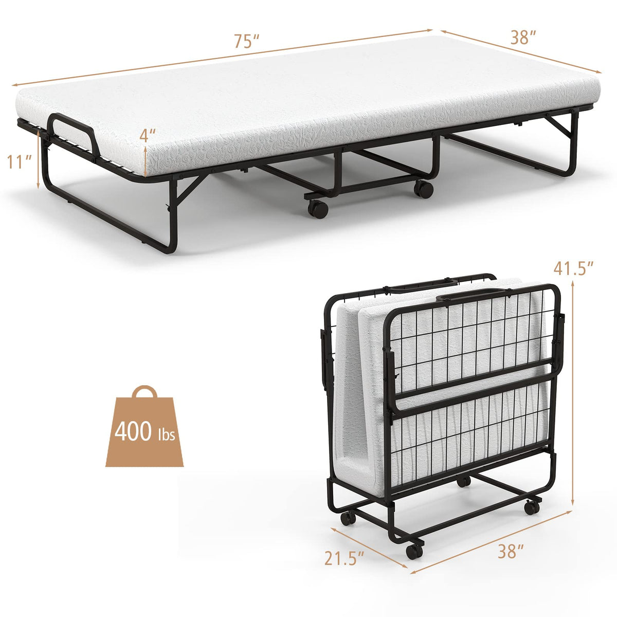 Folding Bed with Mattress Twin Size Metal Frame Memory Foam C516413