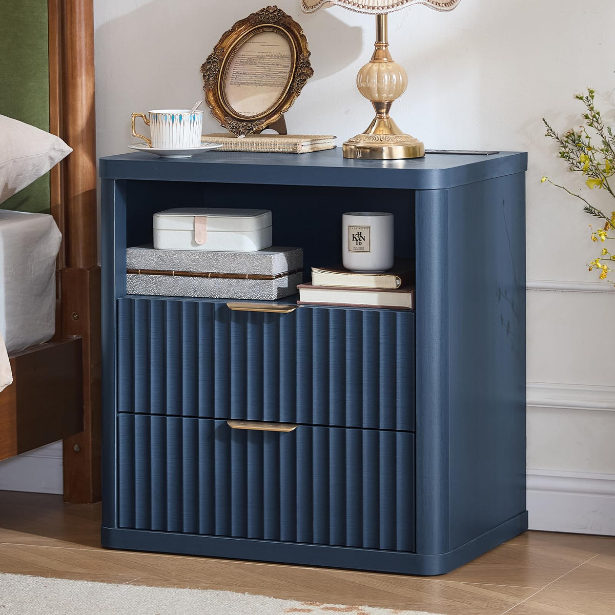 Blue 2 Drawer Fluted Nightstand with Charging Station Q868