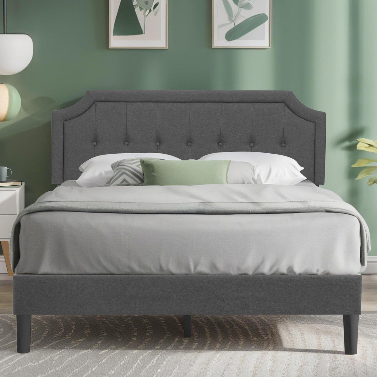 Queen Size Fabric Upholstered Platform Bed Frame with Wooden Slats I504570