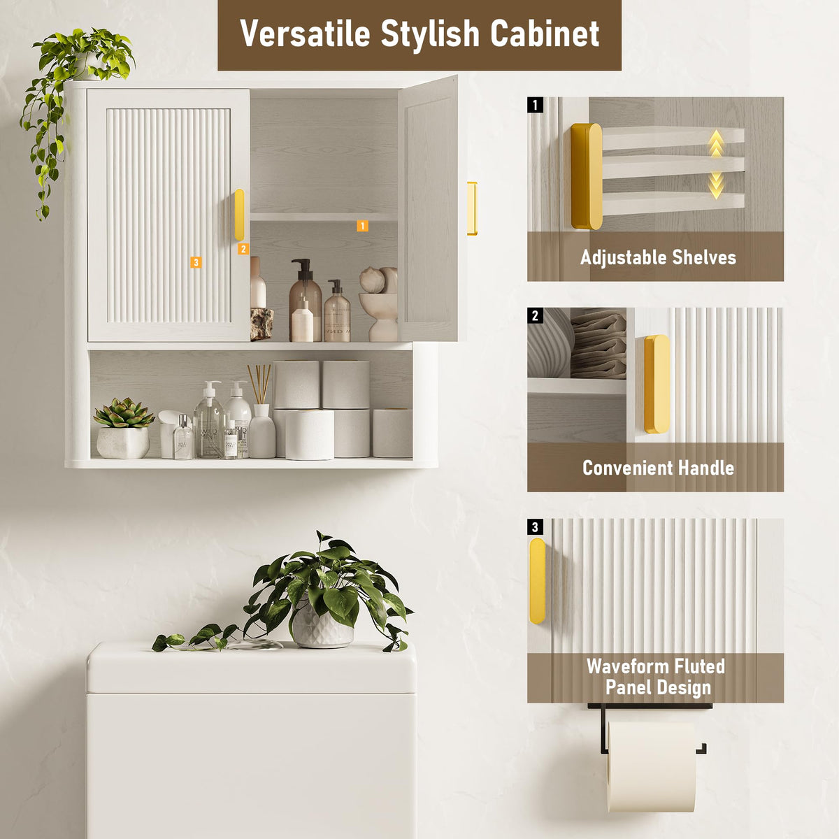 Wall-Mounted Bathroom Cabinet with Adjustable Wood Shelf & Doors I955