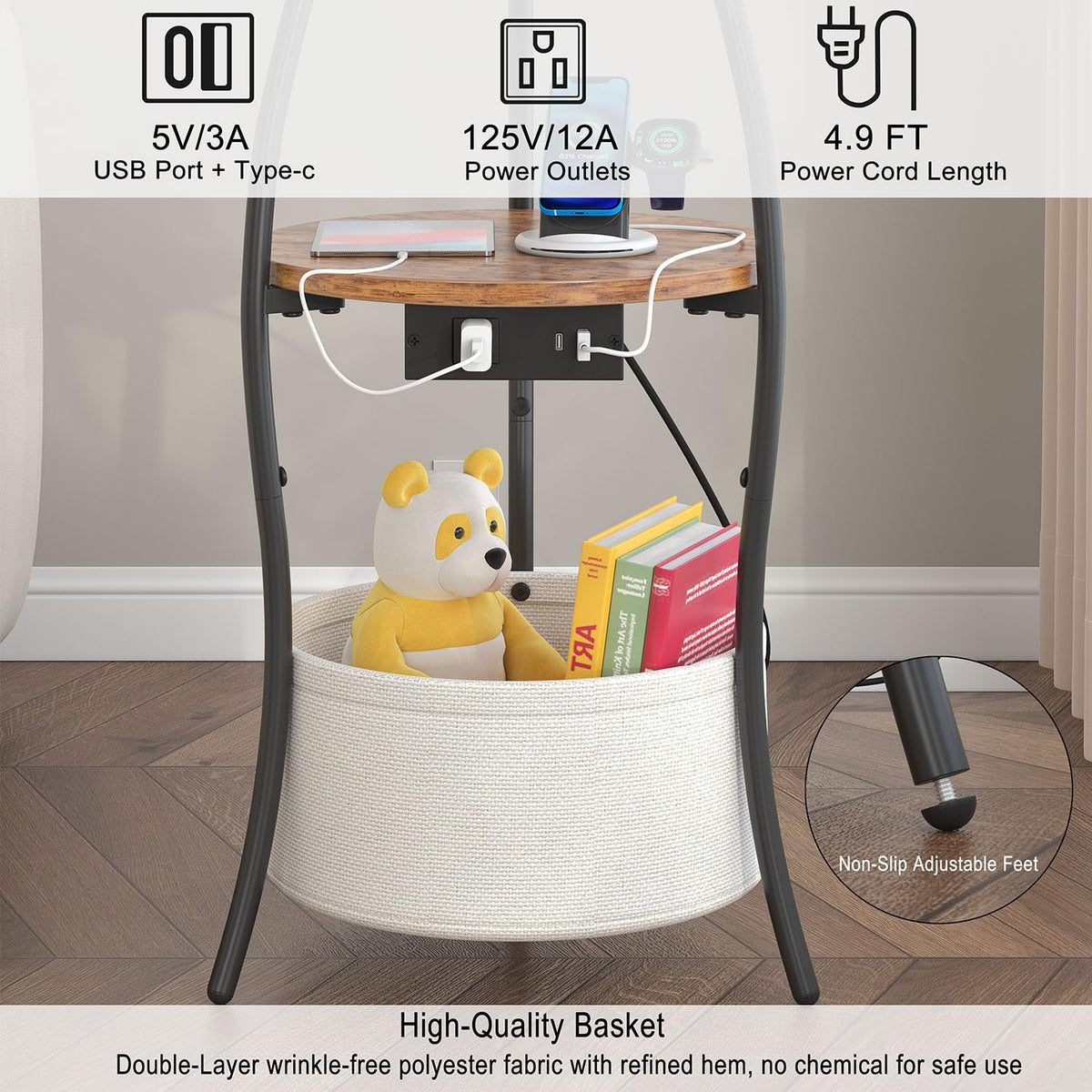 3-Tier Round End Table with Charging Station O2079