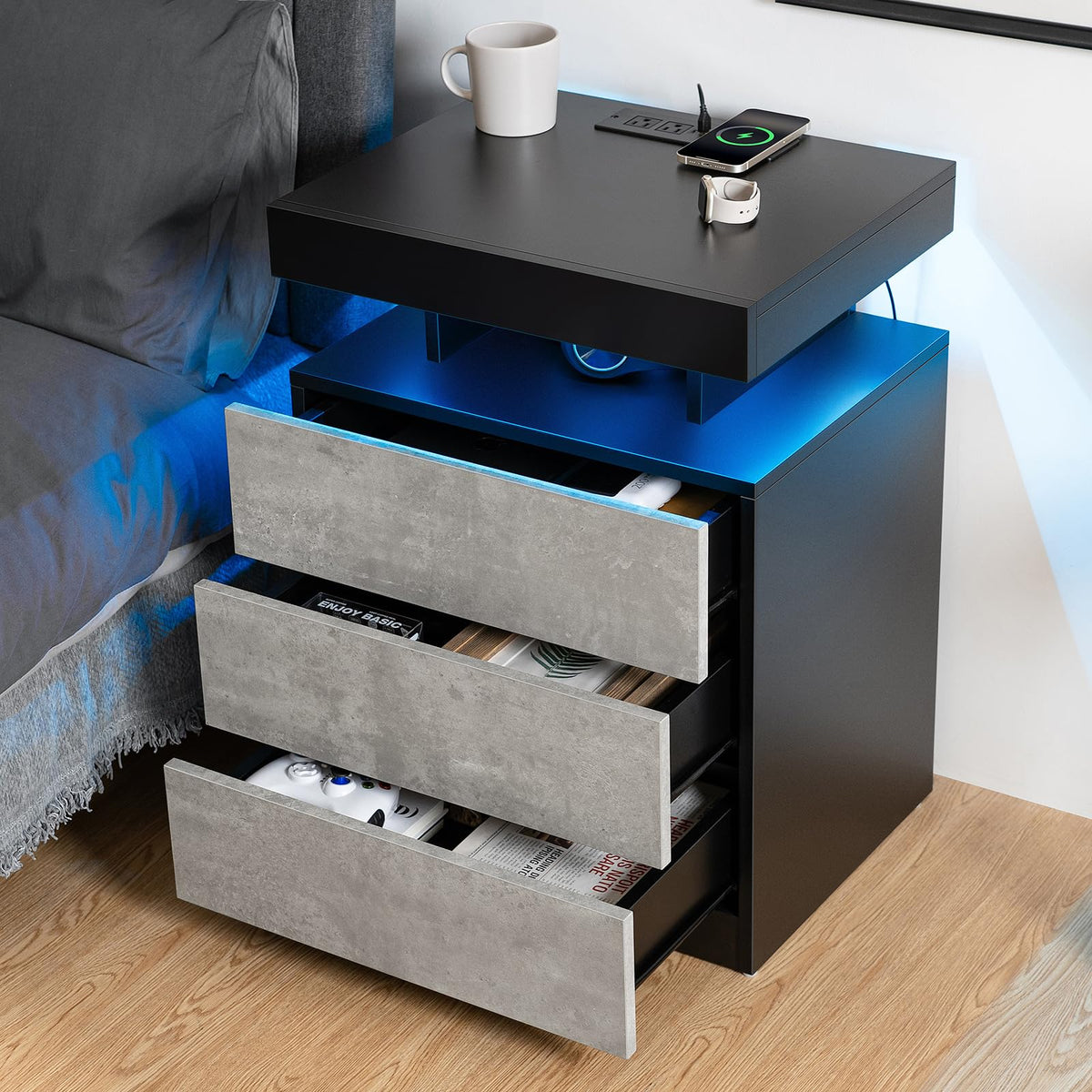 LED Nightstand with Wireless Charging Station & USB Ports, 3 Drawer High Gloss Gray P74019