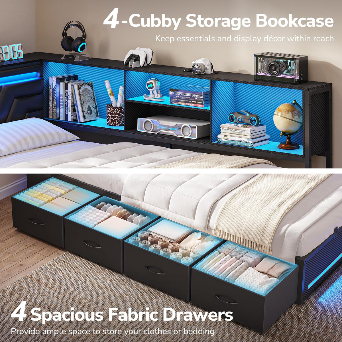 Corner Bed Frame with Storage Bookcase and 4 Drawers K389