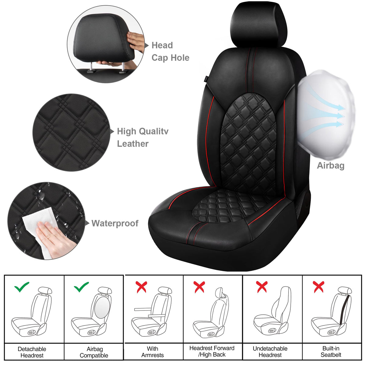 PU Leather Car Seat Covers Full Set Waterproof Split Bench Black Red X8304