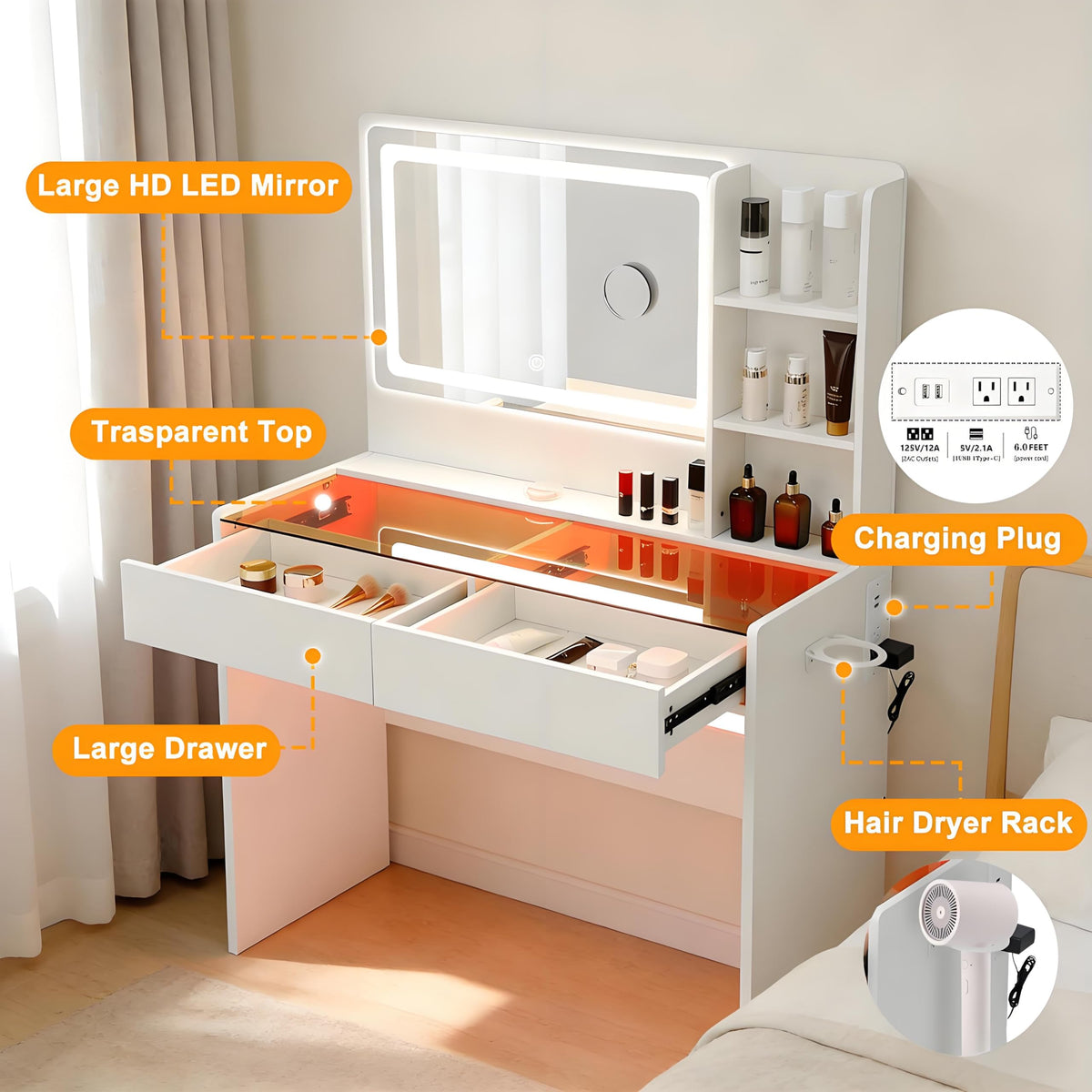 White Makeup Vanity Desk with LED Mirror Q49861