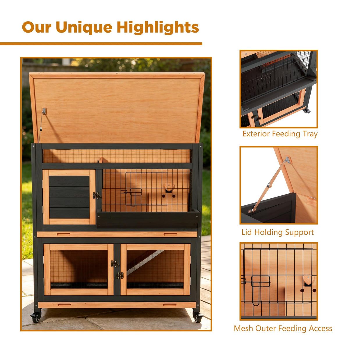 2-Tier Wooden Rabbit Hutch with Wheels N774319