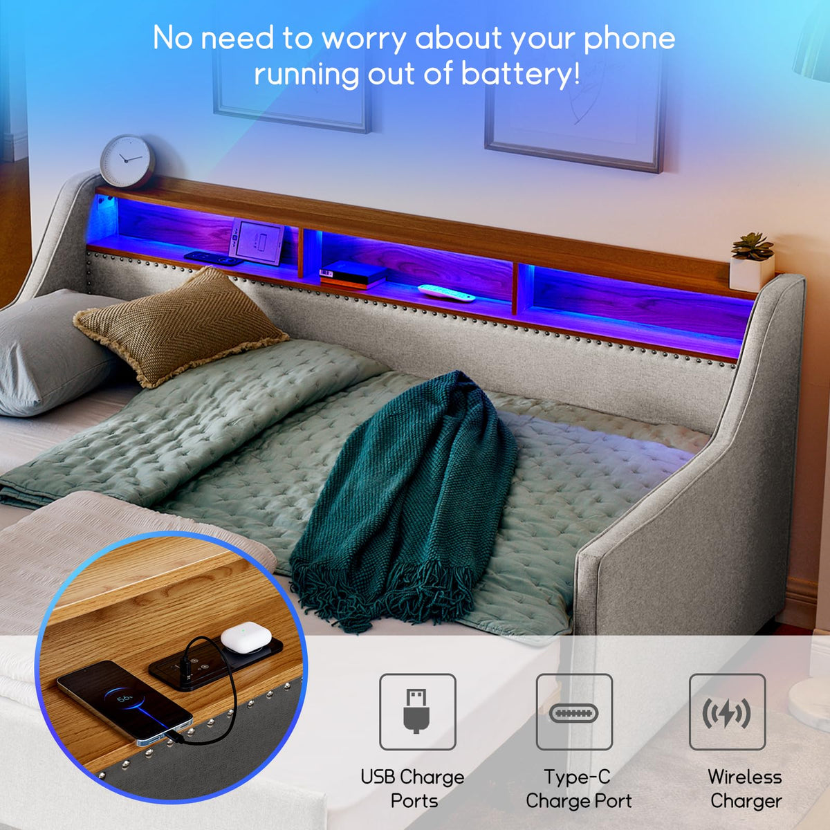 Linen Upholstered Daybed with Pop Up Trundle and USB Charging J43798