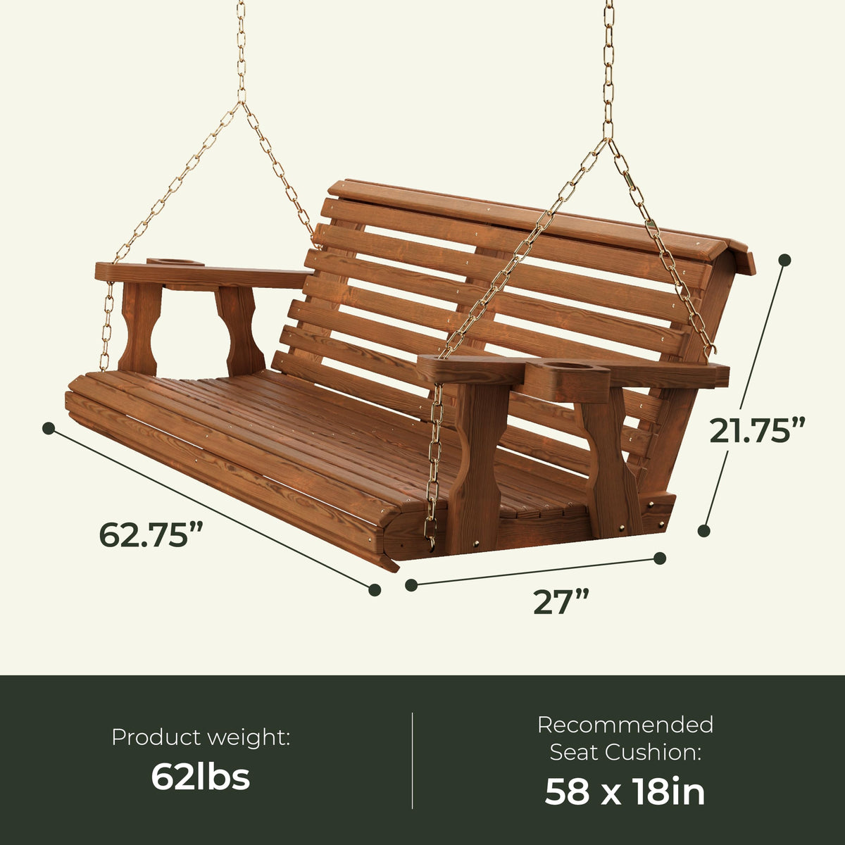 Heavy Duty 700 Lb Capacity Porch Swing with Cup Holders J39615