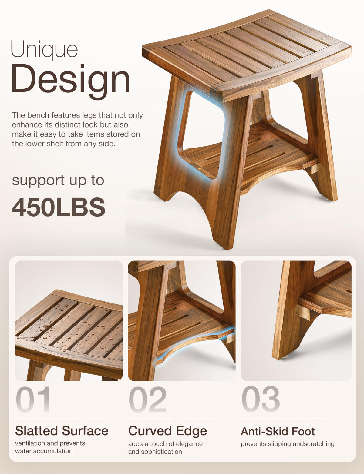 18" Teak Shower Bench with Storage Shelf D927419