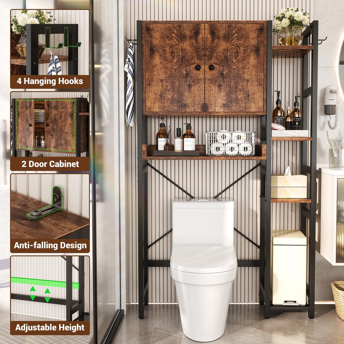 Over The Toilet Storage Cabinet with Doors, 7 Tier Bathroom Organizer with Adjustable Shelf E884019