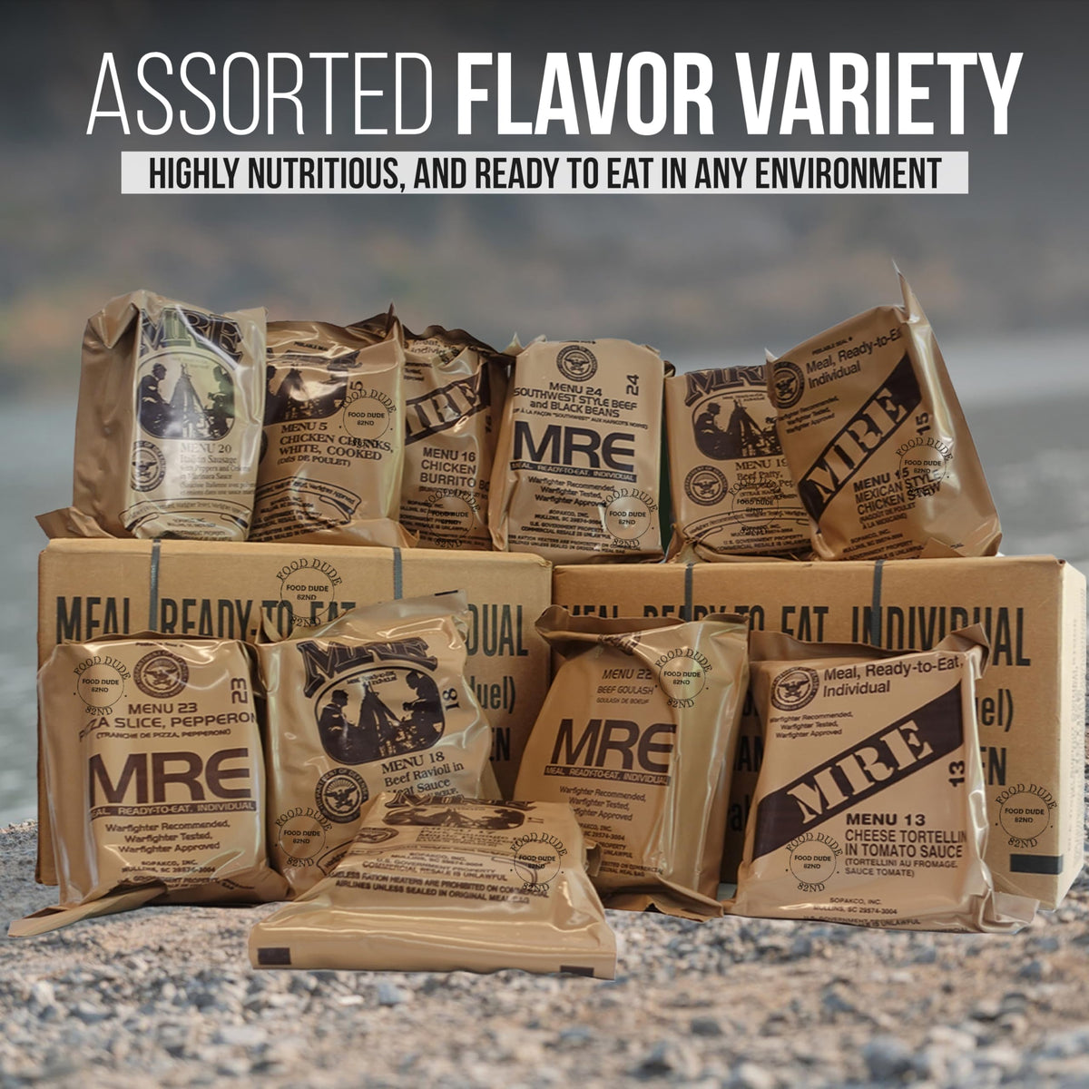 12 MRE Meals Ready to Eat with Heater Packs W6098