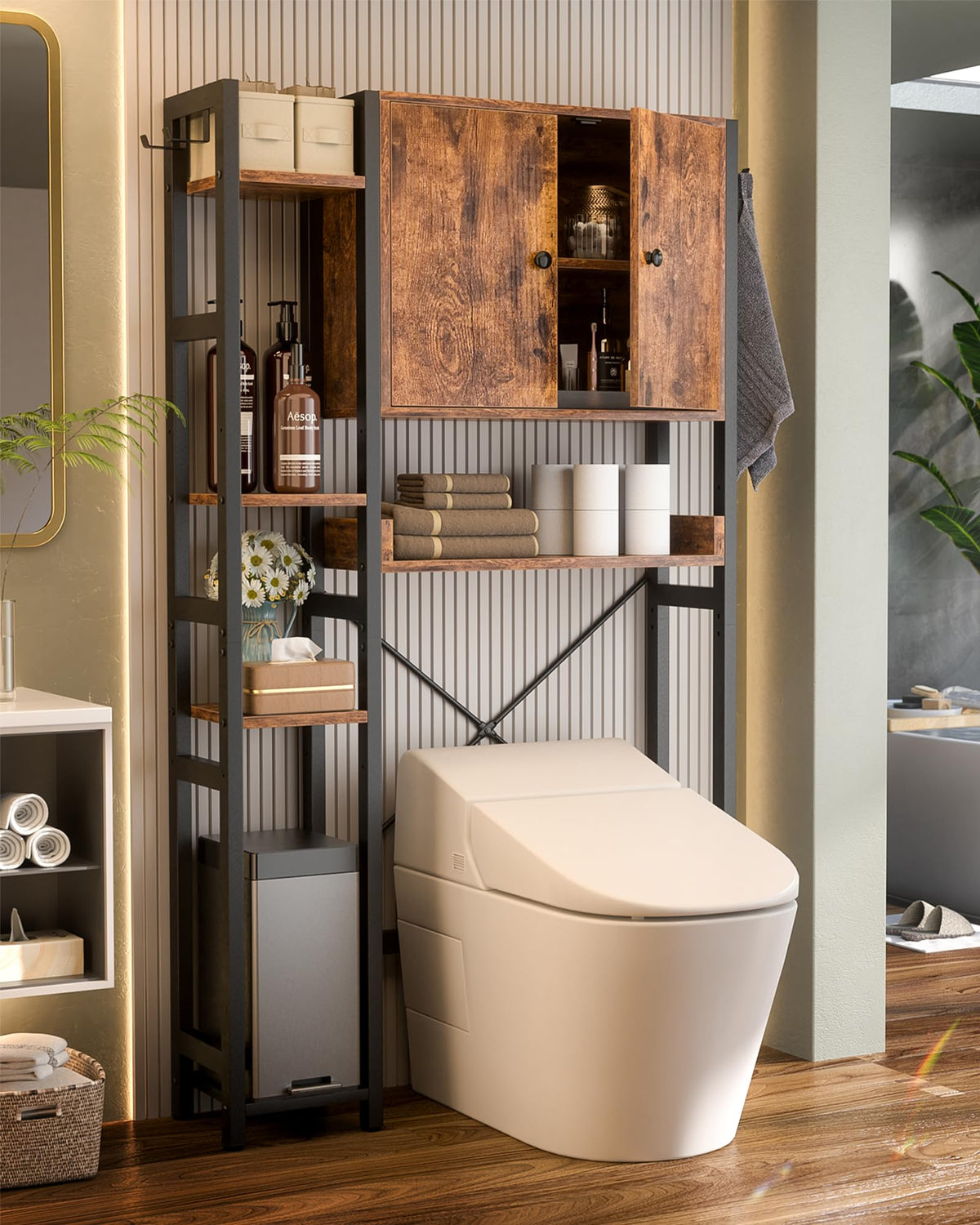 Over The Toilet Storage Cabinet with Doors, 7 Tier Bathroom Organizer with Adjustable Shelf E884019