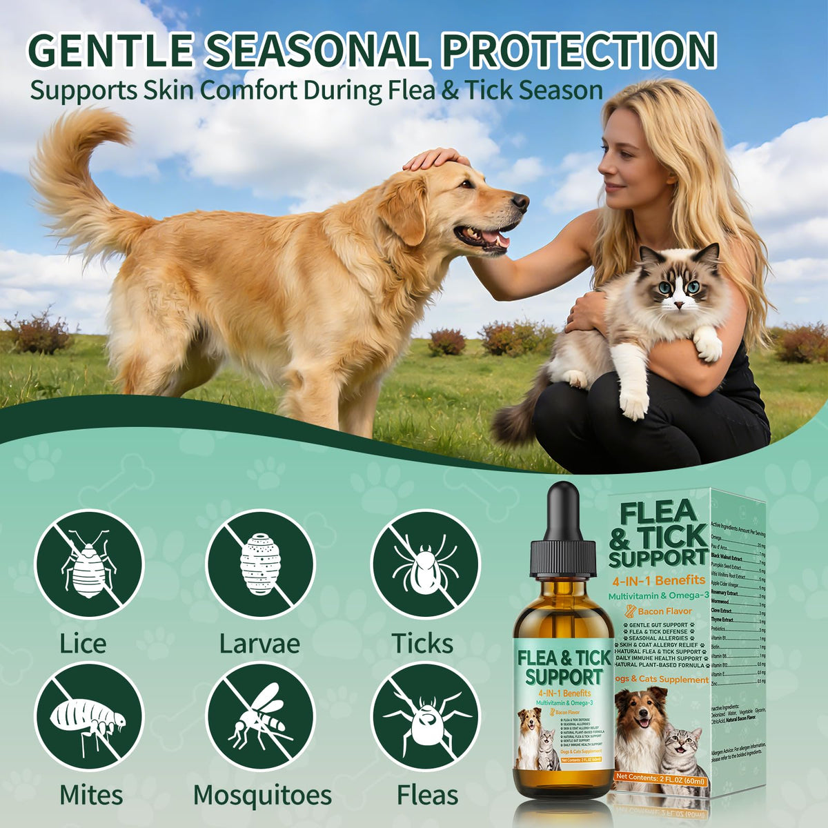 Flea and Tick Drops Supplement with Multivitamins & Omega-3 60ml U358