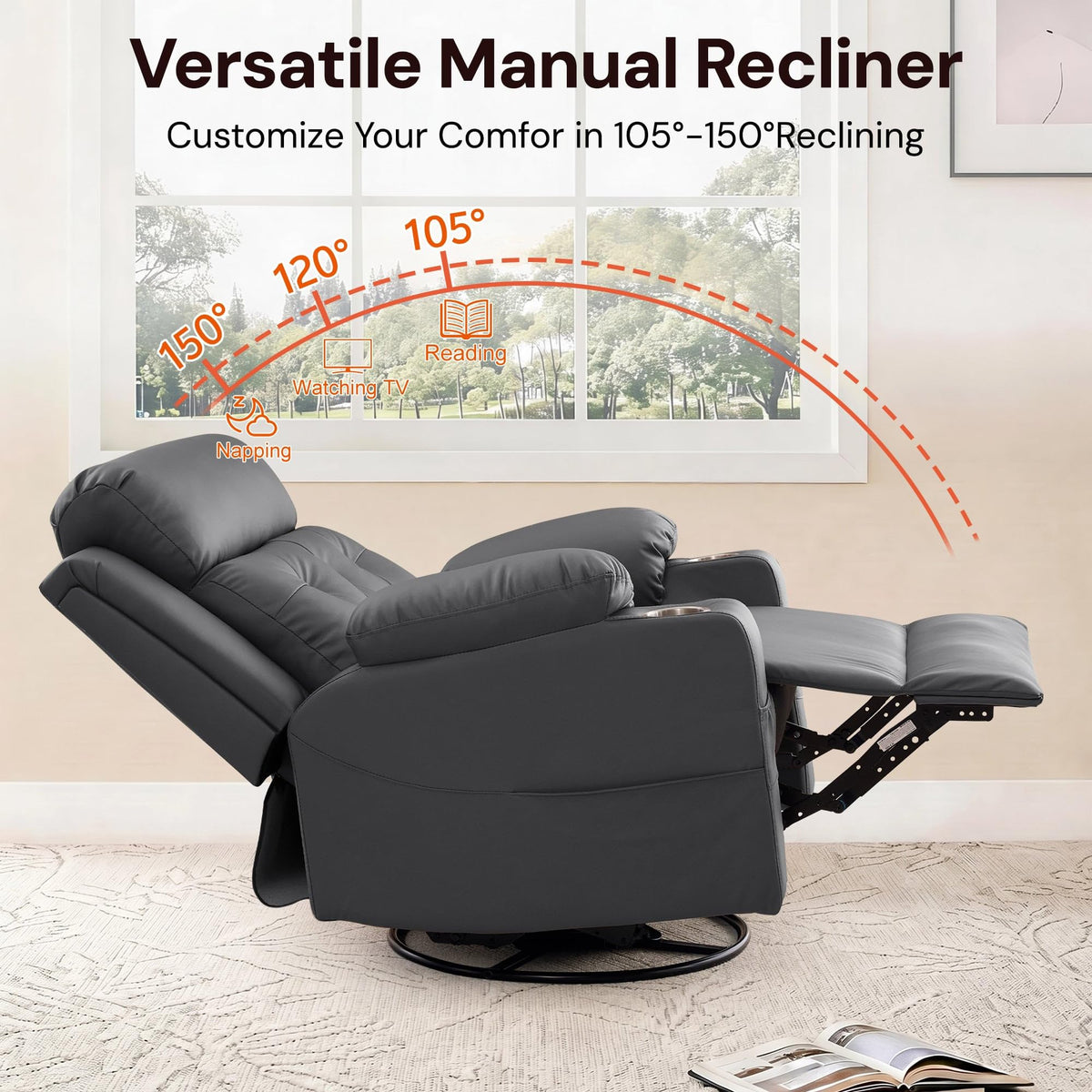 Oversized Swivel Rocker Recliner with Heat and Massage, Faux Leather, Grey A509