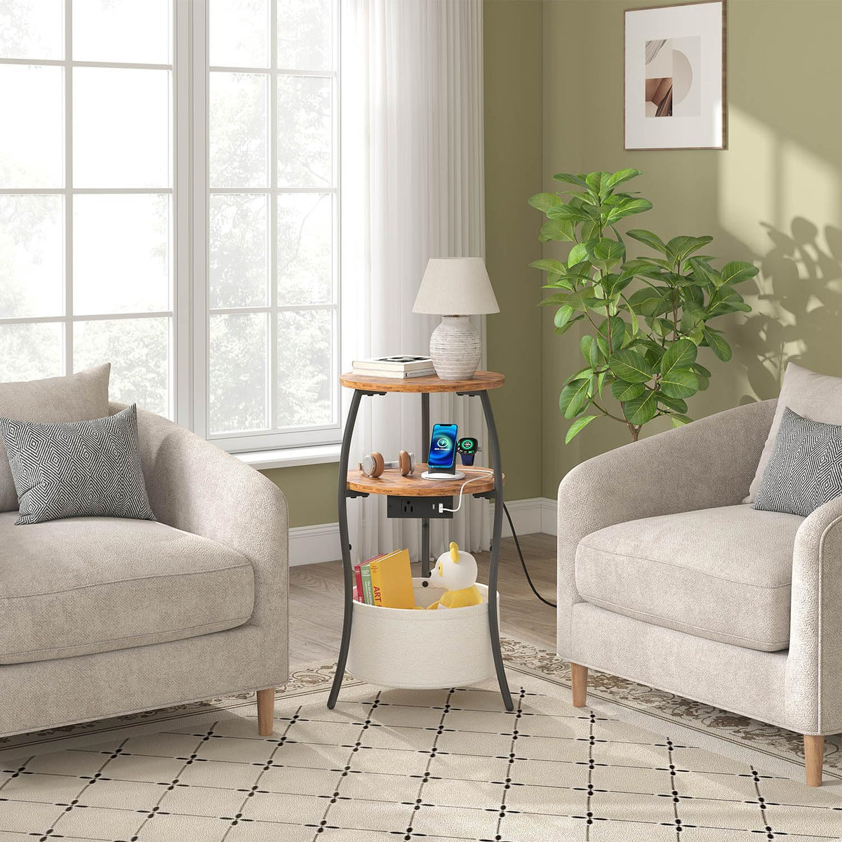 3-Tier Round End Table with Charging Station O2079