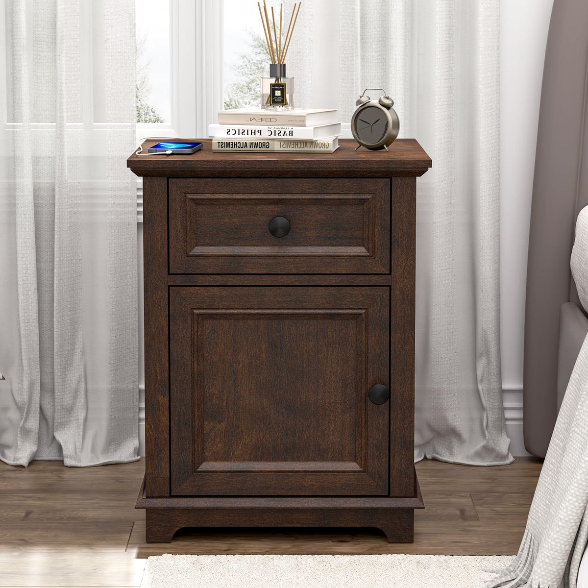 24" Tall End Table with Charging Station, Drawer & Storage Cabinet, Cherry O80450