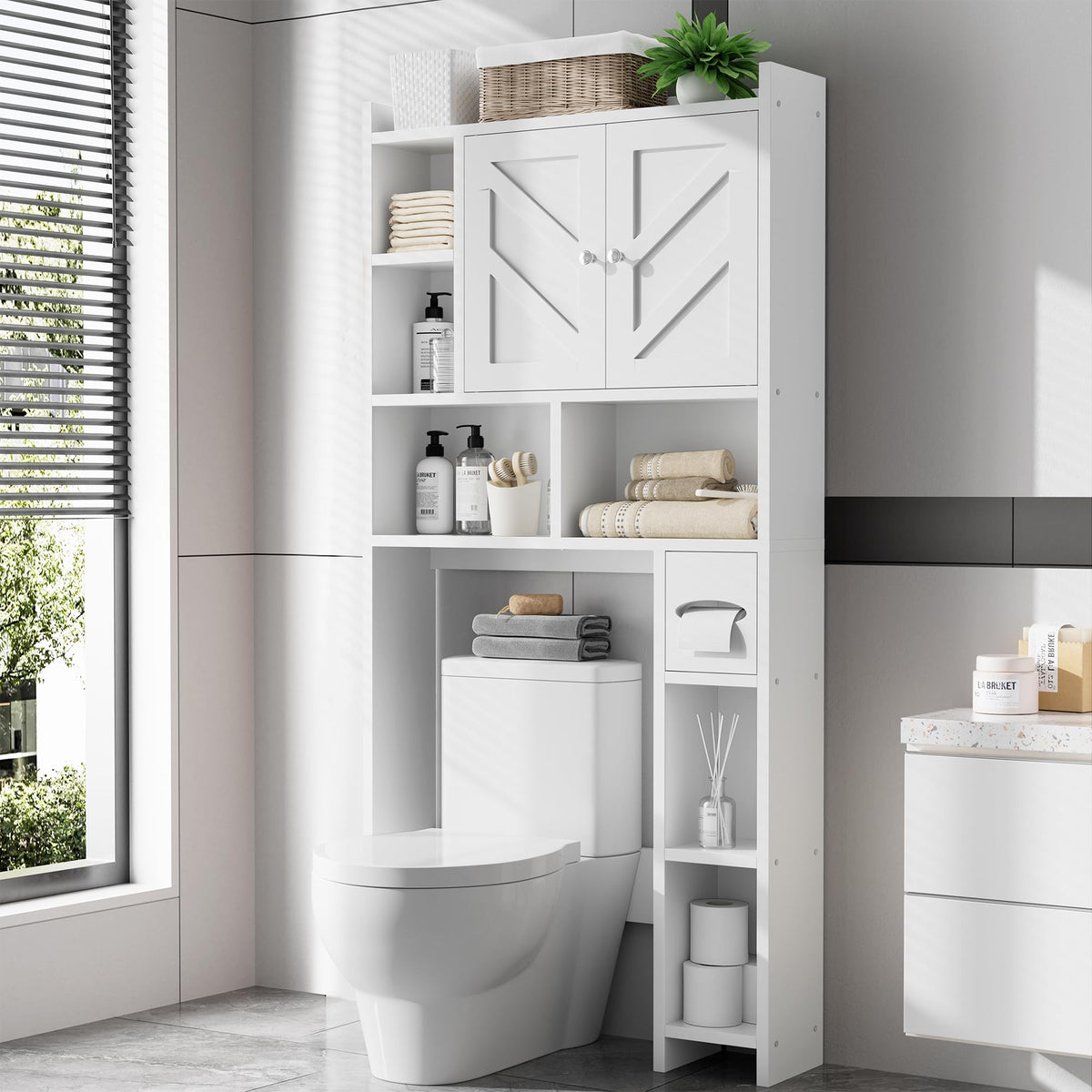 White Over the Toilet Storage Cabinet with Adjustable Shelf Y184586