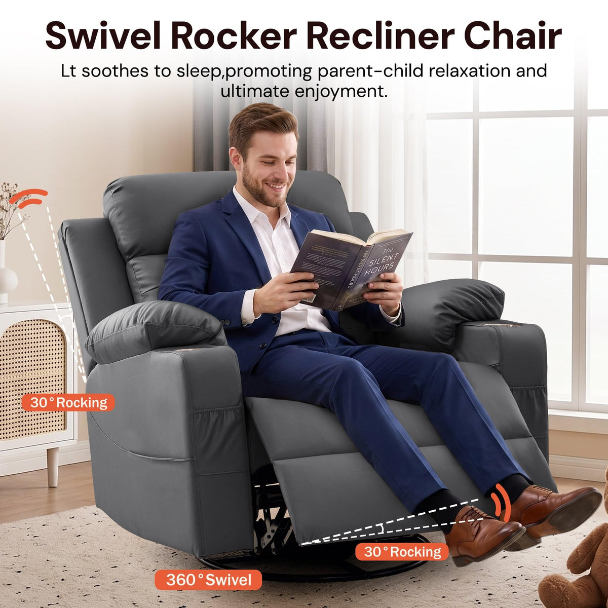 Oversized Swivel Rocker Recliner with Heat and Massage, Faux Leather, Grey A509