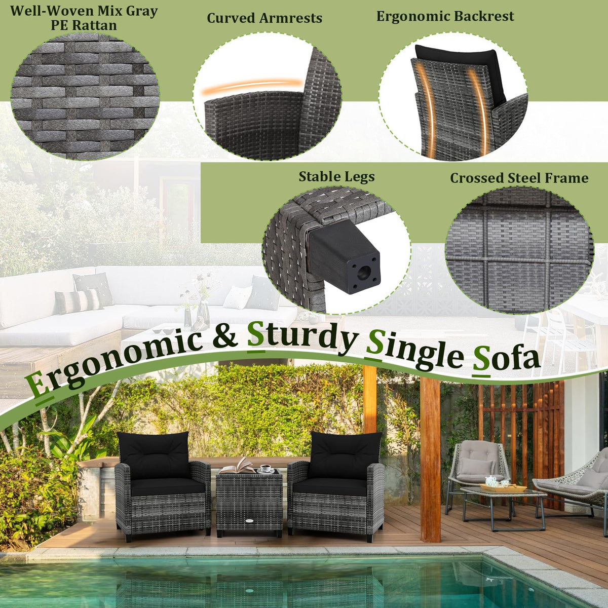 3 Piece Wicker Patio Furniture Set with Glass Topped Table Y2078