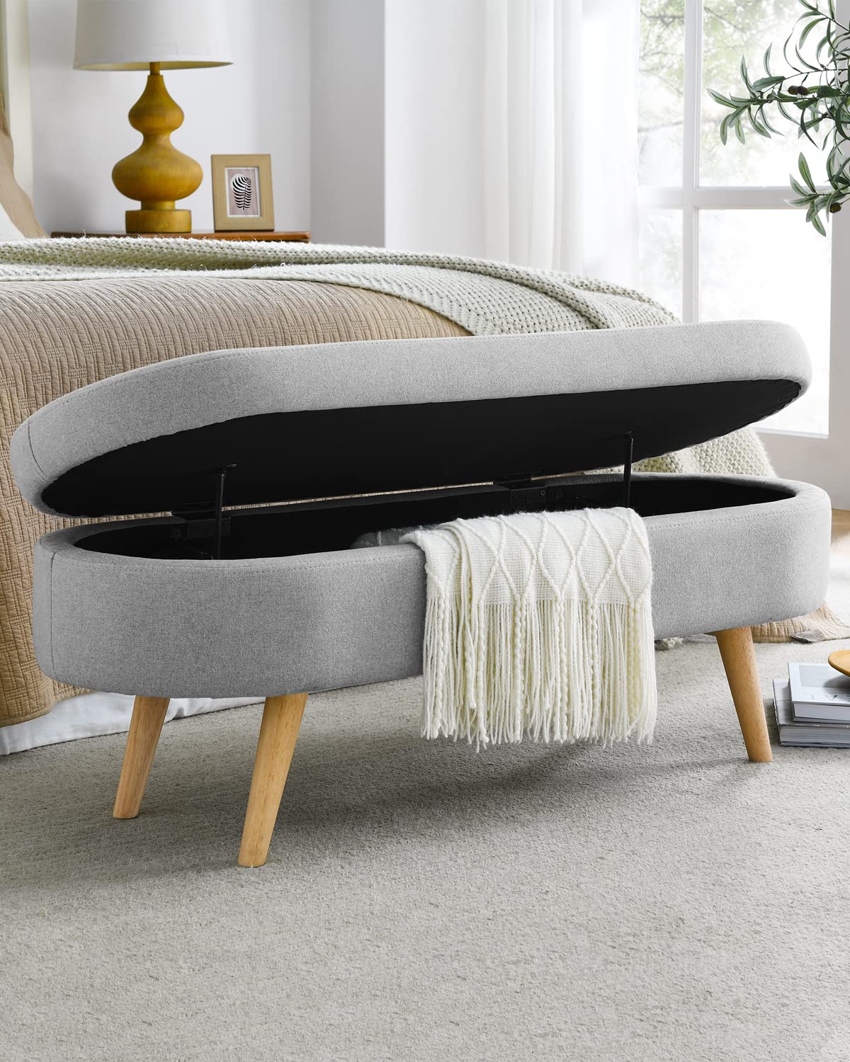 Oval Linen Fabric Upholstered Storage Bench with Solid Wood Legs Q492