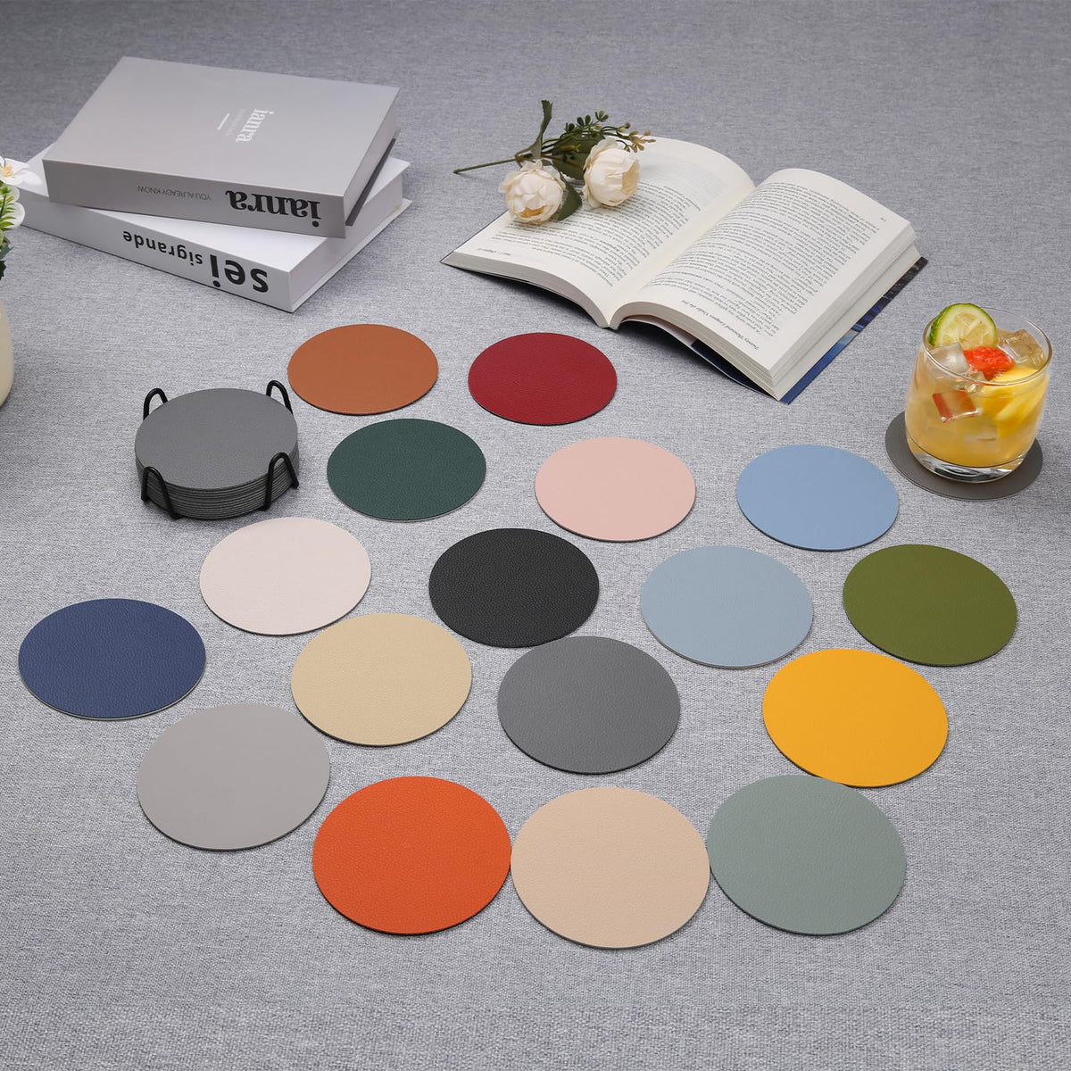 Faux Leather Drink Coasters with Holder, Set of 12 U4864