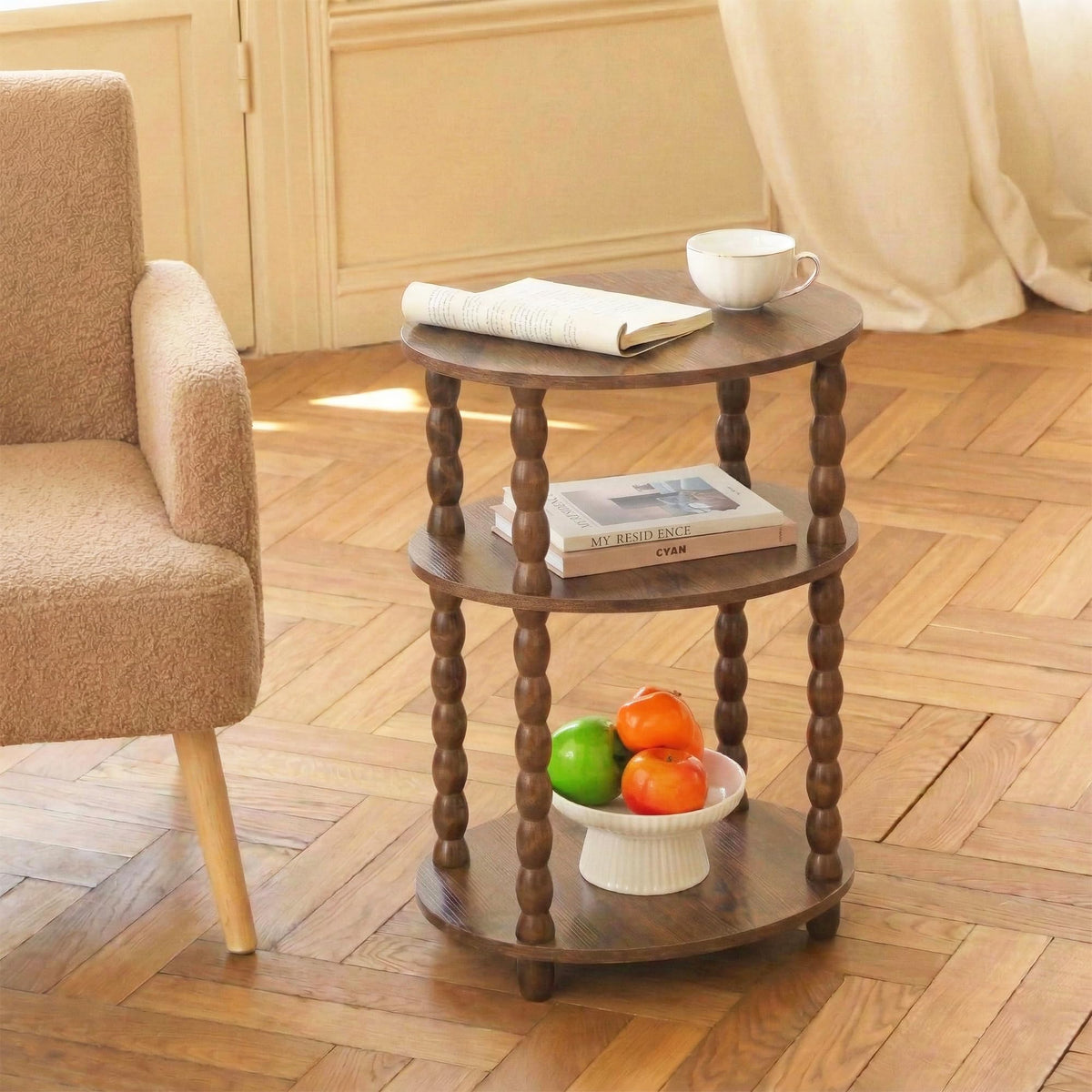 3-Tier Oval Side Table with Solid Wood Spindle Legs G78258
