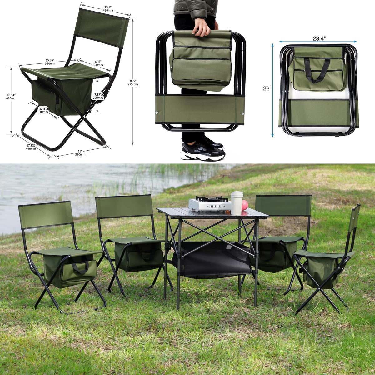 Folding Camping Chair with Storage Bag, 2 Pack, Green S3371