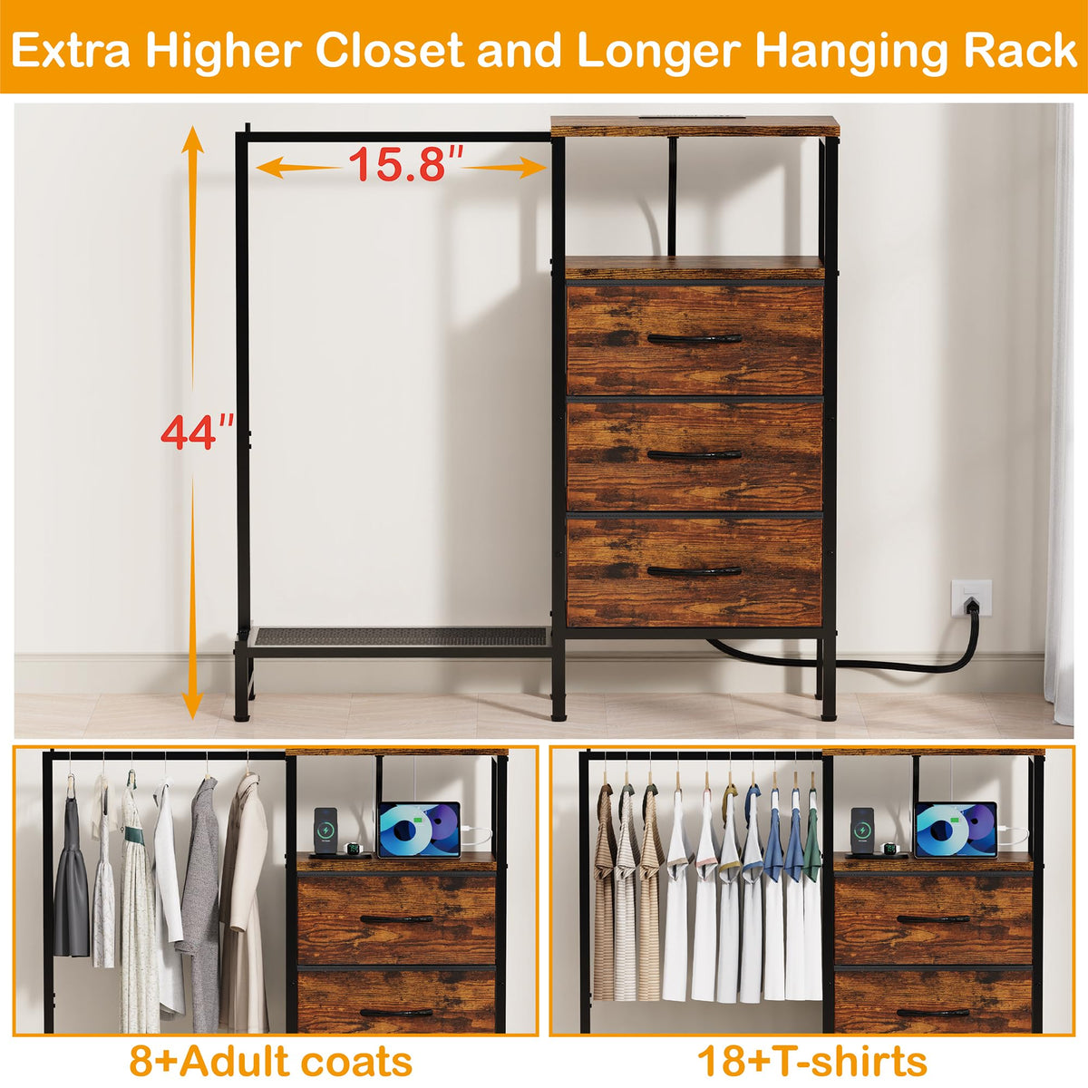 Brown 3 Drawer Fabric Dresser with Hanging Rack S430329