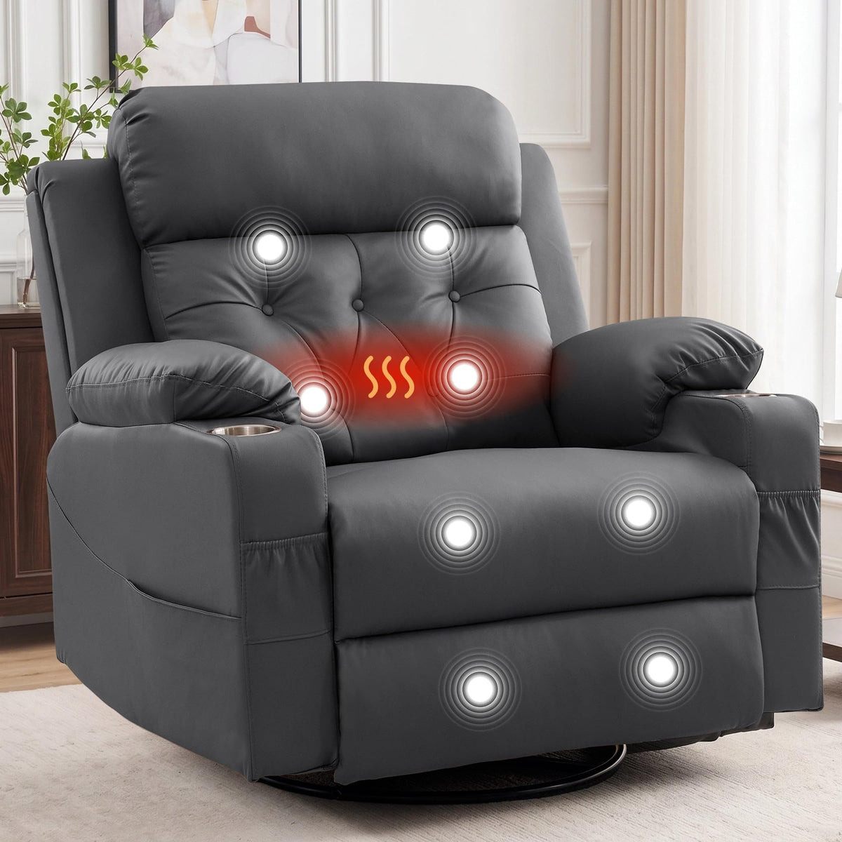 Oversized Swivel Rocker Recliner with Heat and Massage, Faux Leather, Grey A509
