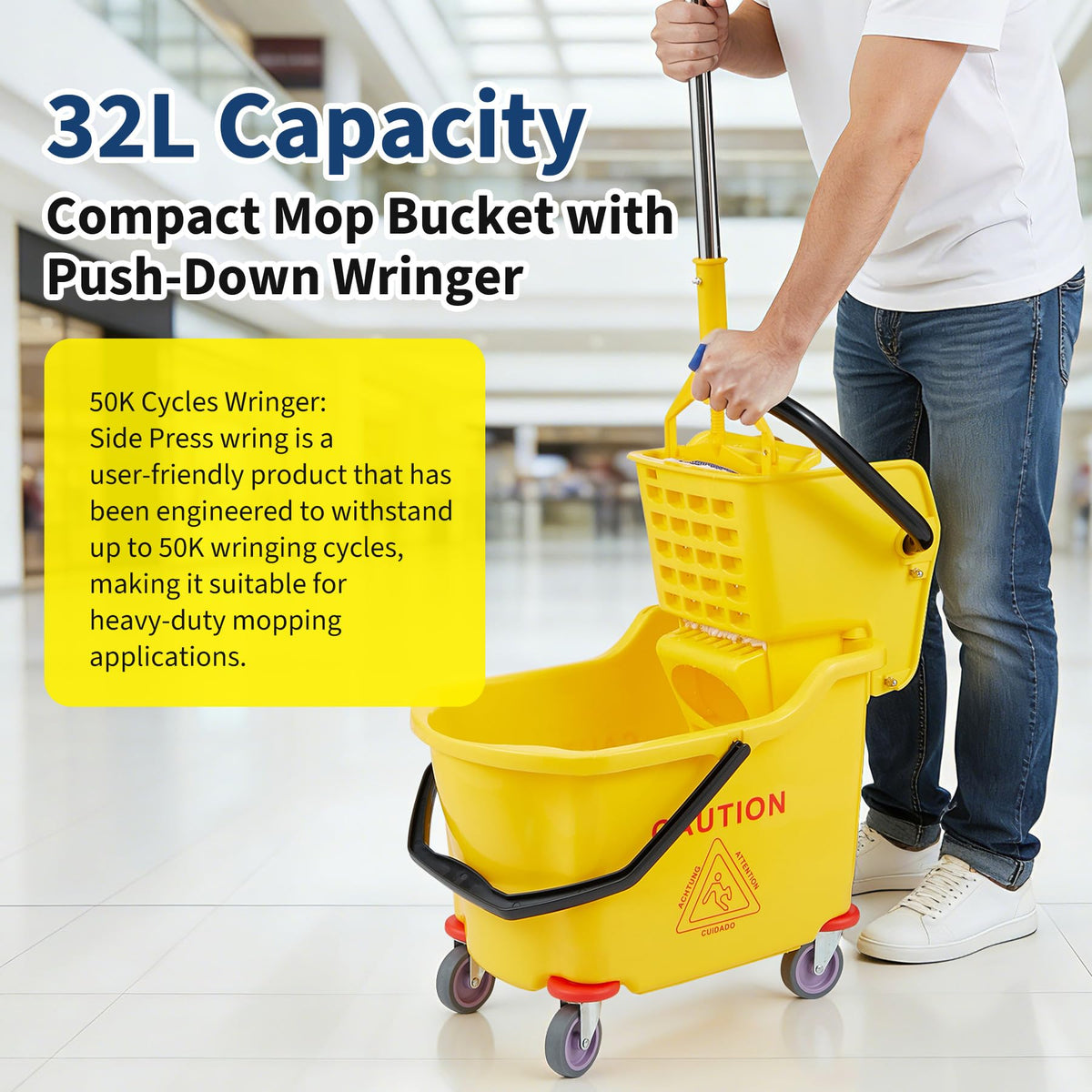 Yellow 35 Quart Commercial Mop Bucket with Side Press Wringer on Wheels S135