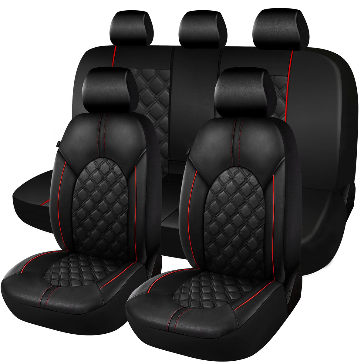 PU Leather Car Seat Covers Full Set Waterproof Split Bench Black Red X8304