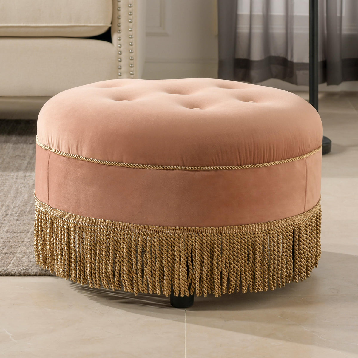 24" Orange Velvet Round Tufted Ottoman J989157