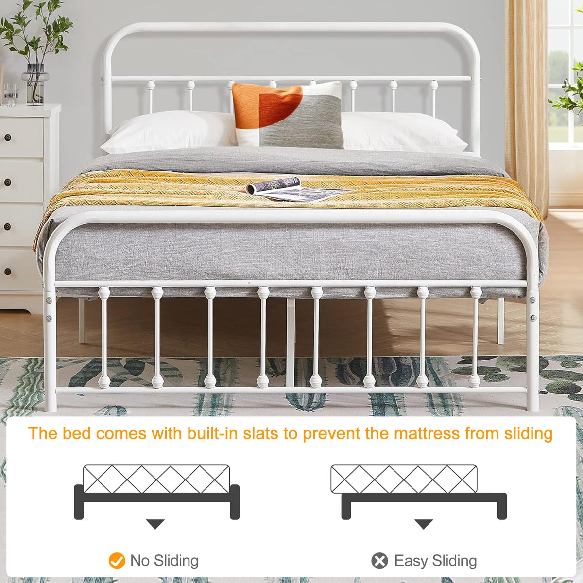 Full Size White Metal Bed Frame with Headboard Y1036