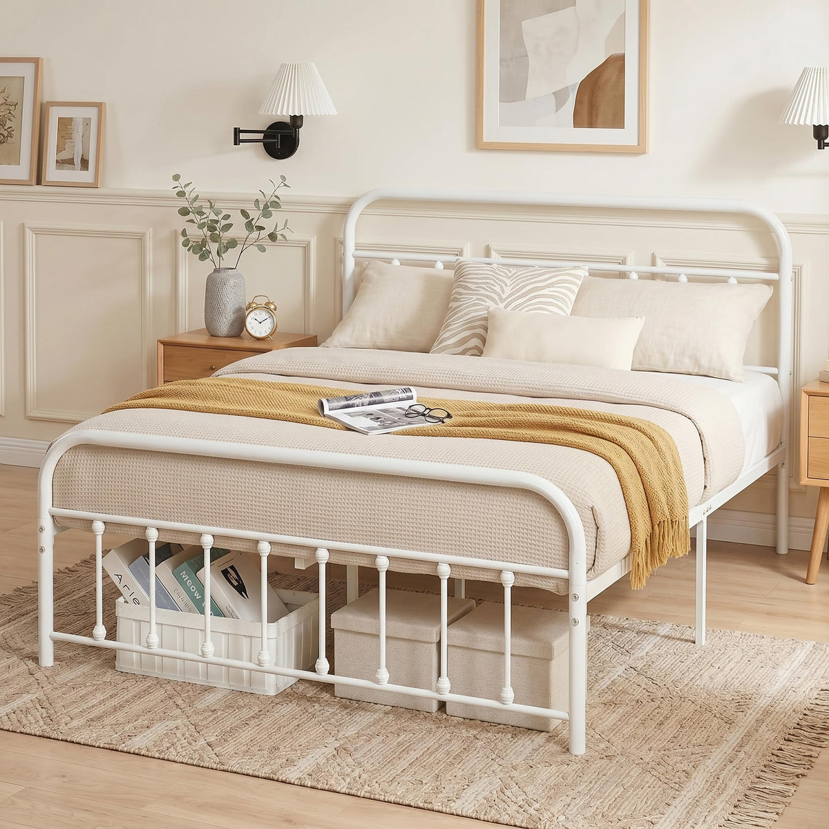 Full Size White Metal Bed Frame with Headboard Y1036