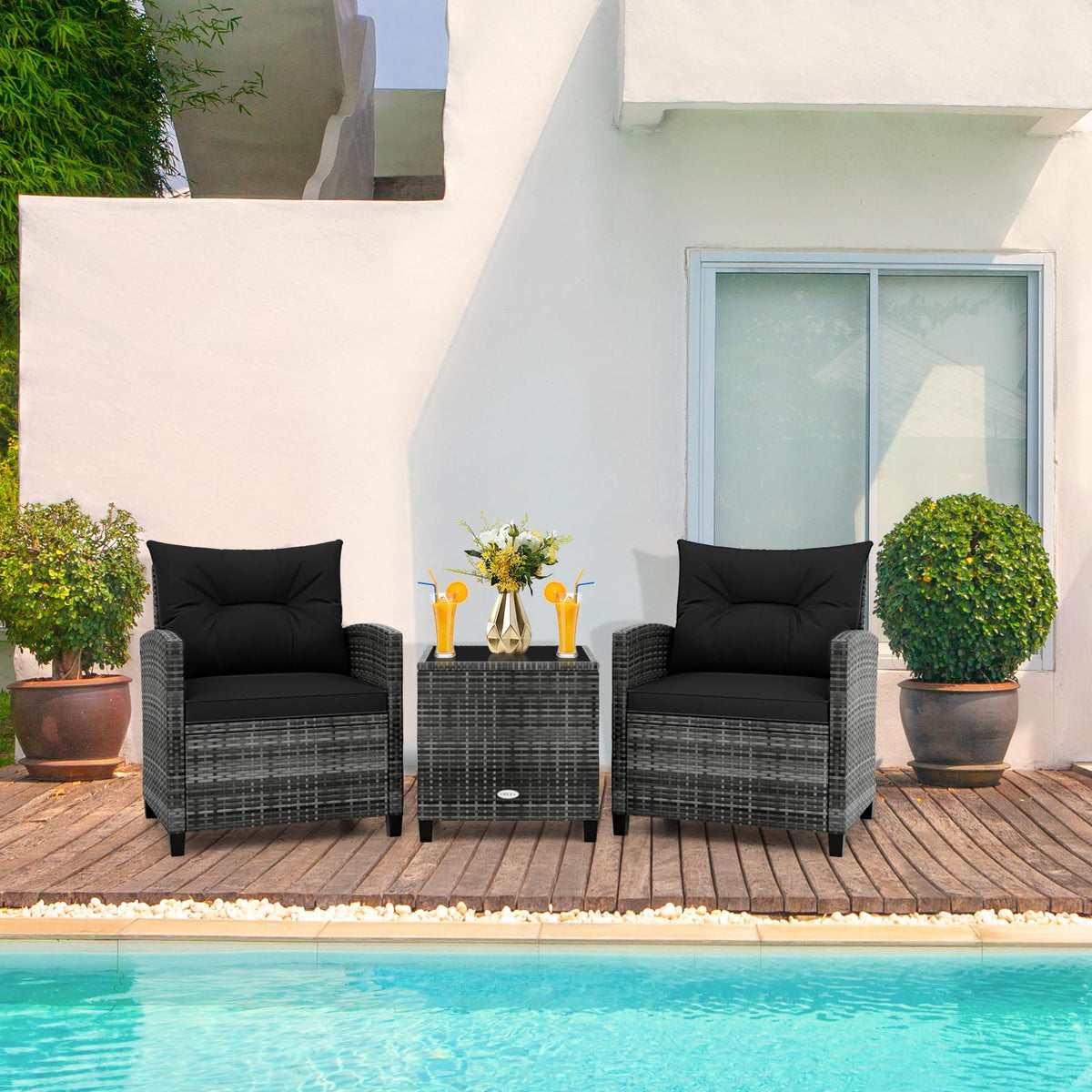 3 Piece Wicker Patio Furniture Set with Glass Topped Table Y2078