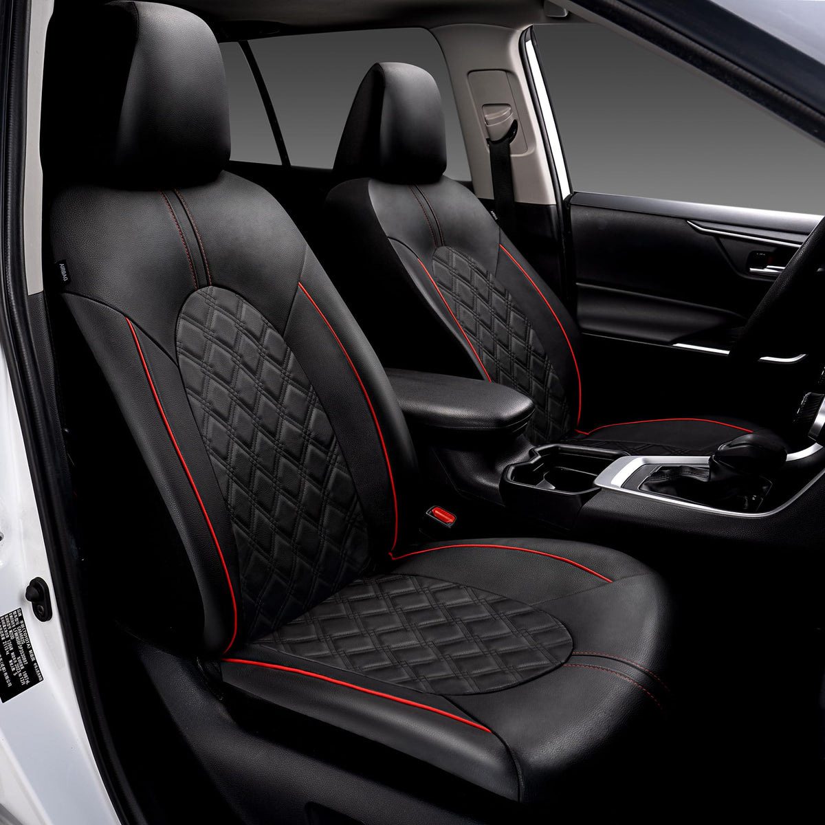 PU Leather Car Seat Covers Full Set Waterproof Split Bench Black Red X8304