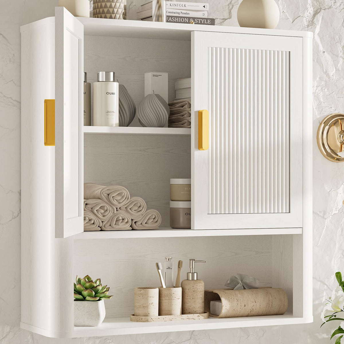 Wall-Mounted Bathroom Cabinet with Adjustable Wood Shelf & Doors I955