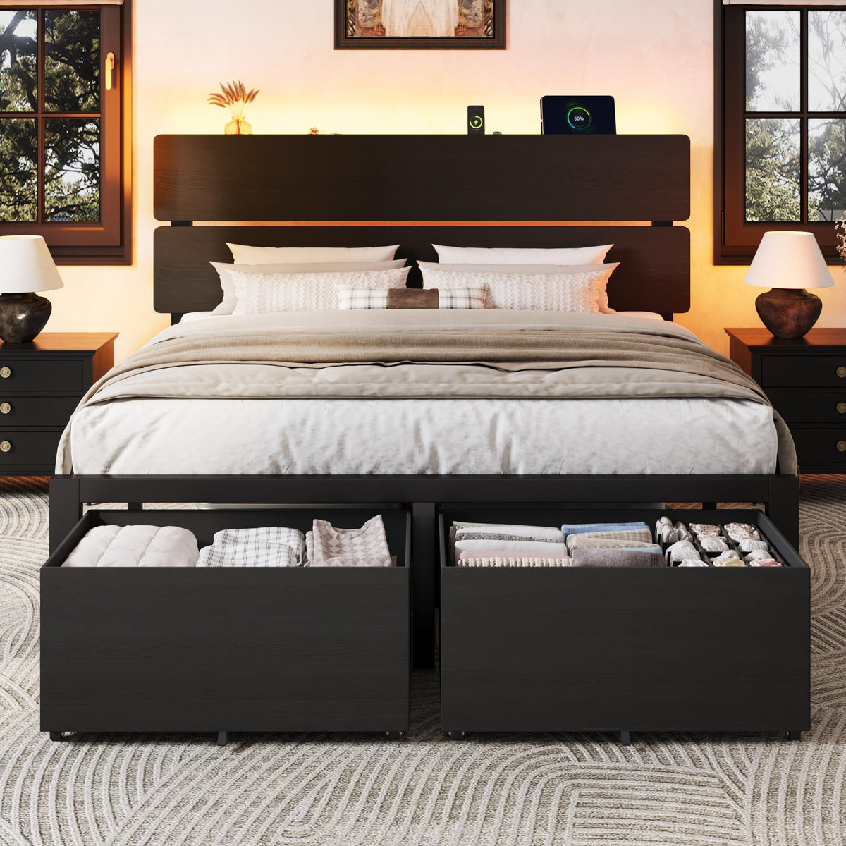 Queen Led Bed Frame with 2 Storage Drawers and Charging Station, Black V899